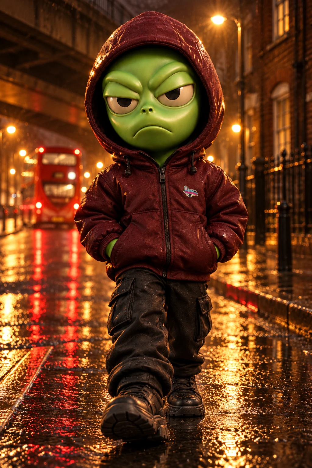 Jetzumi in a burgundy hooded technical jacket on a rain-soaked London street at night