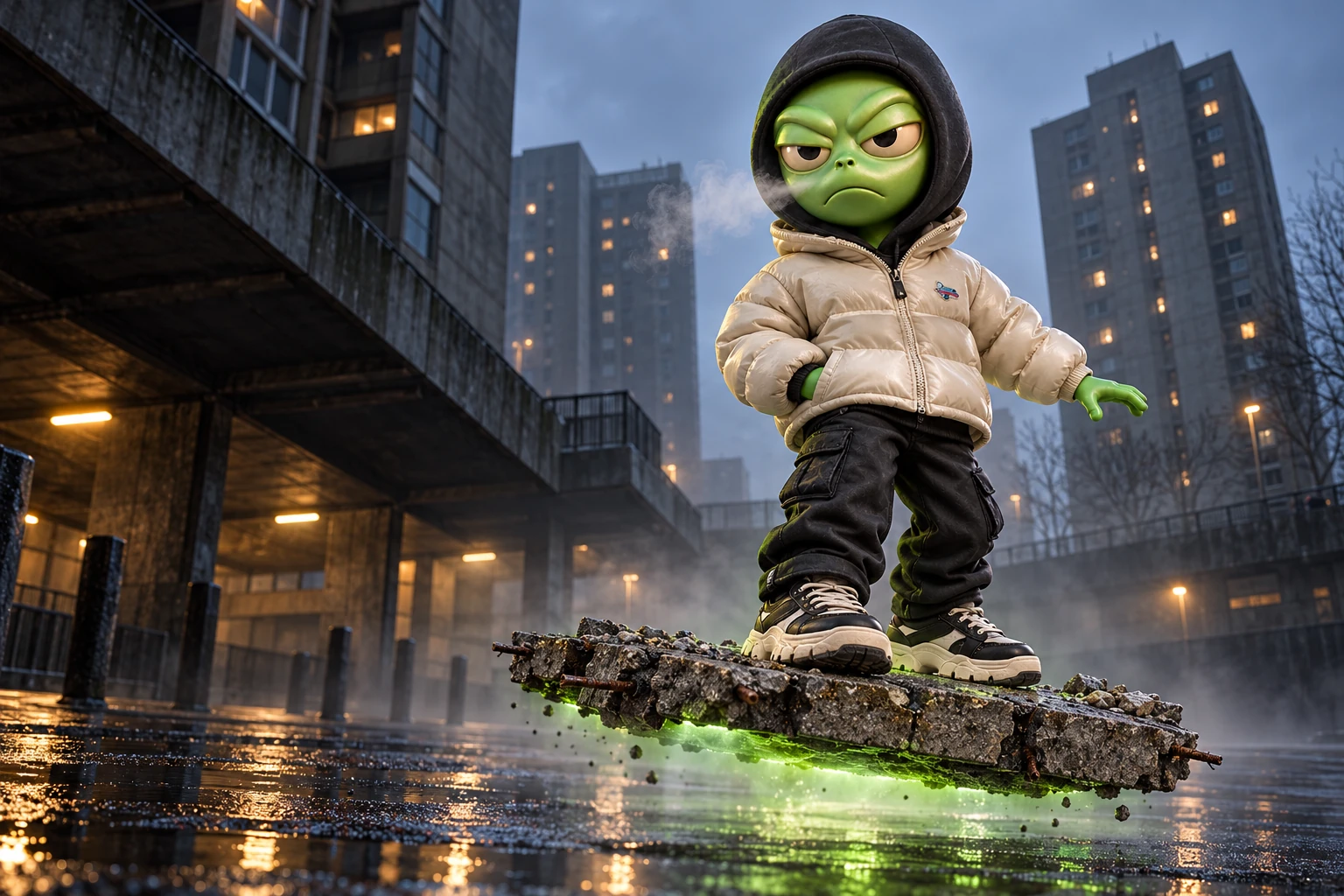 Jetzumi in an oversized cream puffer jacket and black cargos, riding a hovering concrete slab through a UK estate