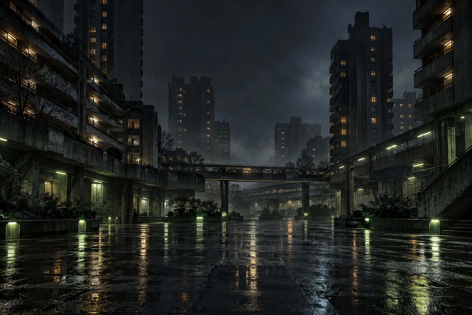 A rain-soaked futuristic London estate