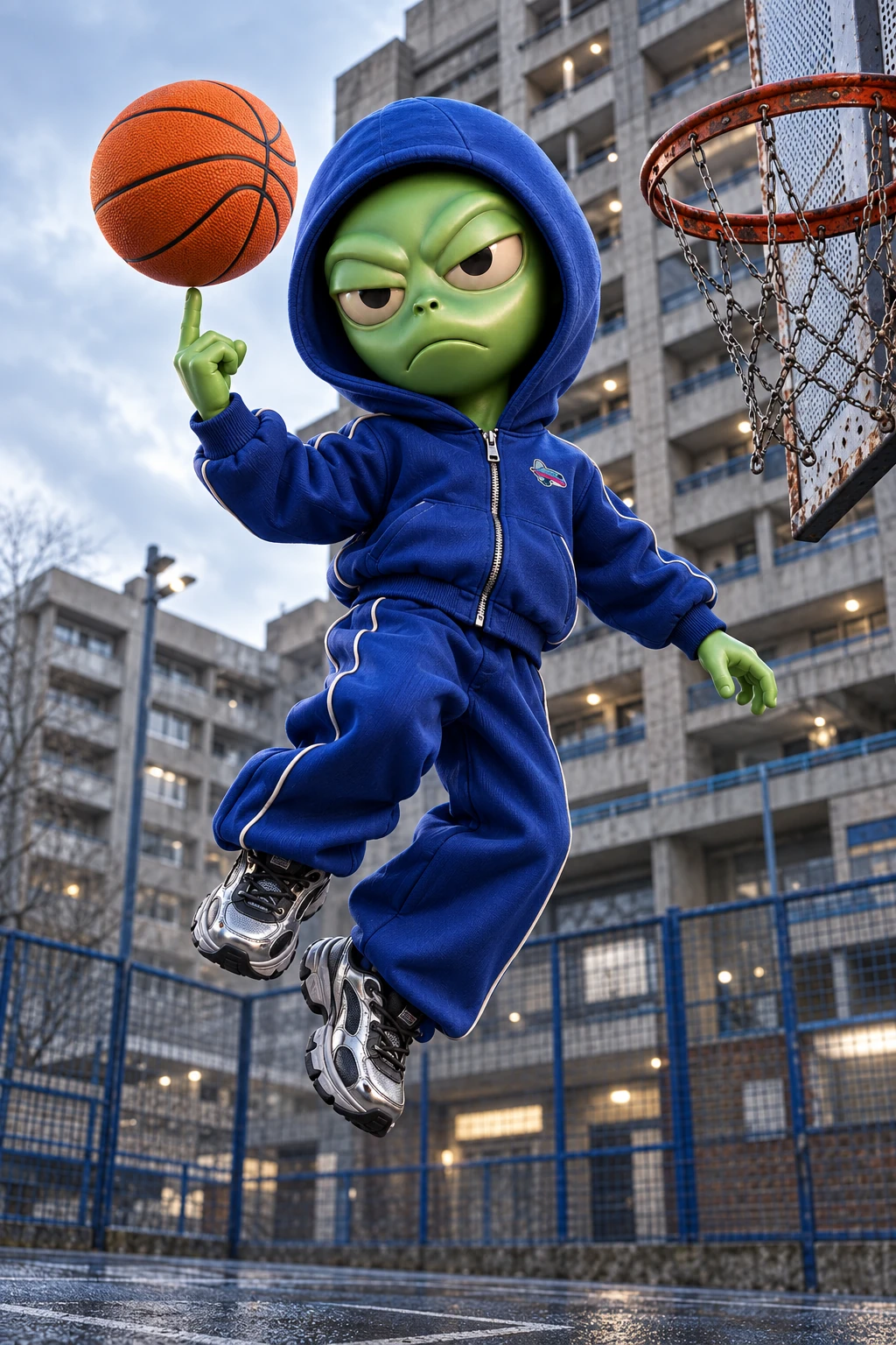 Jetzumi floating above an outdoor UK basketball court in a cobalt blue tracksuit